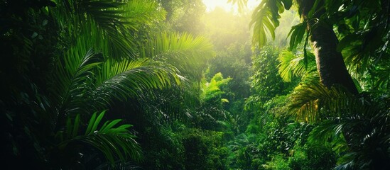 Lush green foliage in a tropical rainforest with sunlight peeking through the leaves.