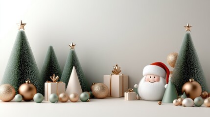 Santa Claus smiles joyfully amid a festive Christmas backdrop featuring a decorated tree, colorful gifts, and cheerful holiday decorations in traditional colors