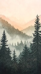 Fototapeta premium Misty autumn mountain range with colorful fall foliage, fog rolling through the valleys, creating a calm and atmospheric scene for nature imagery.