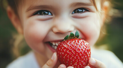 A child s face with a strawberry in hand, big smile, and focus on the vibrant fruit, eating fruit, joyful snack