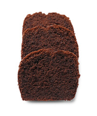 Slices of delicious chocolate sponge cake isolated on white, top view