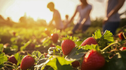 A group of people picking strawberries in a sunlit field, family activity, strawberry farm