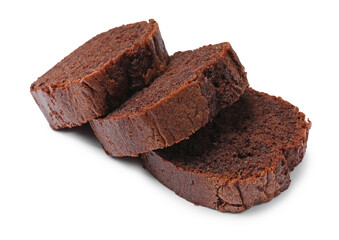 Slices of delicious chocolate sponge cake isolated on white
