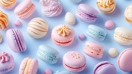 Obraz premium Delightful pastel macarons arranged beautifully on blue background