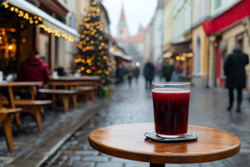 Glass of mulled wine with oranges on a winter street with holiday lights