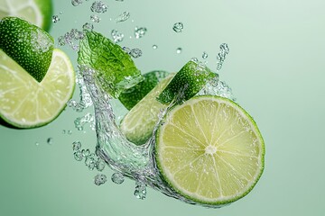 Lime pieces falling into water on green background
