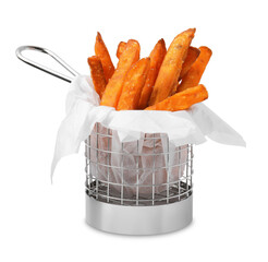Sweet potato fries in metal basket isolated on white