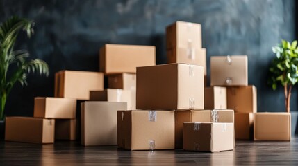 Fototapeta premium Stack of Cardboard Boxes in Room with Plants