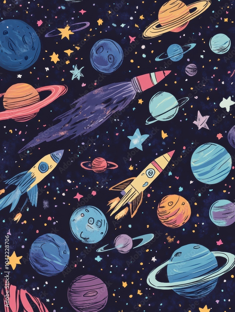 Poster vivid cosmic doodles showcase playful rockets, swirling planets, and shining stars in a charming out