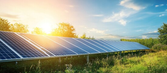 Solar panels in a field at sunset.