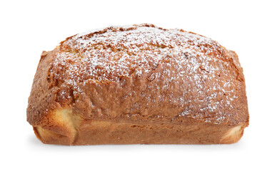 One tasty sponge cake with powdered sugar isolated on white