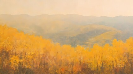 Fototapeta premium Misty autumn mountain range with colorful fall foliage, fog rolling through the valleys, creating a calm and atmospheric scene for nature imagery.