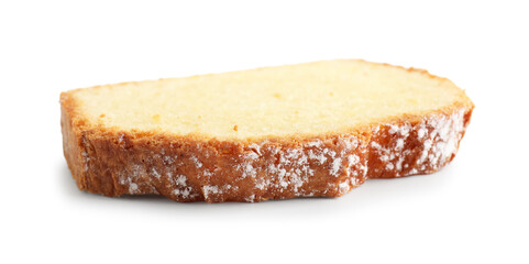 Slices of freshly baked sponge cake isolated on white