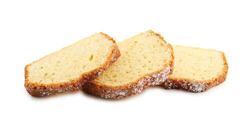 Slices of freshly baked sponge cake isolated on white
