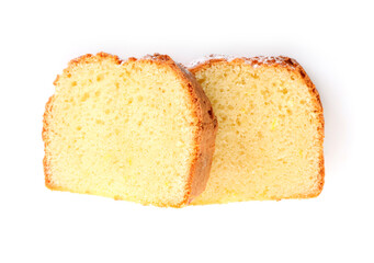 Slices of freshly baked sponge cake isolated on white, top view