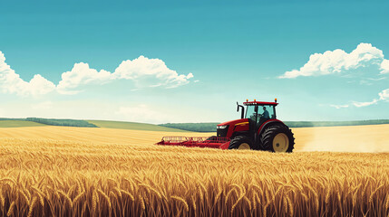 Obraz premium Farmer in a wide field driving a tractor, harvesting crops under the clear sky, farming profession, agriculture