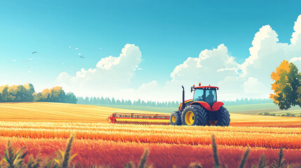 Fototapeta premium Farmer in a wide field driving a tractor, harvesting crops under the clear sky, farming profession, agriculture