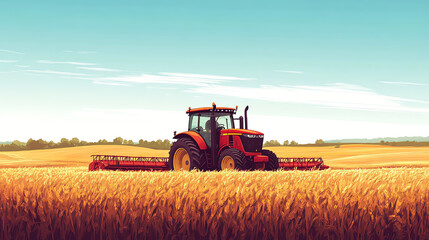 Obraz premium Farmer in a wide field driving a tractor, harvesting crops under the clear sky, farming profession, agriculture