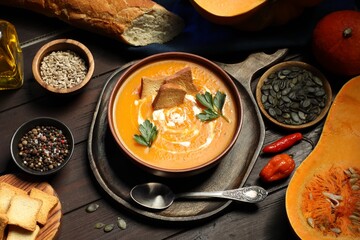 Delicious pumpkin soup with sour cream, croutons, spices and products on wooden table, above view