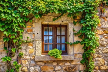 Reflected picturesque window framed with rectangular stone exterior and vine hanging down