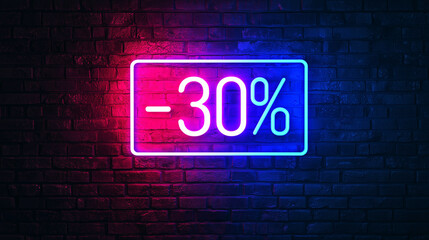 Fototapeta premium Neon 30 percent discount sign on brick wall. Cyber Monday mockup. Digital retail concept. Image for advertising with copy space.