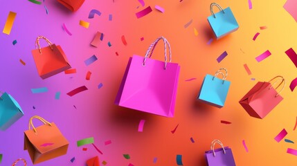 Vibrant Cyber Monday Celebration Illustration with Confetti and Shopping Bags on Gradient Background