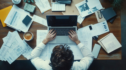 Office worker typing on a laptop in a modern workspace, surrounded by documents and coffee, office job, professional work