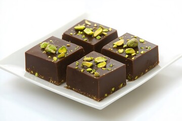Obraz premium Gourmet Chocolate Fudge Squares Sprinkled with Pistachios on a White Plate Perfect for Product Banners or Marketing 