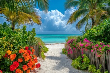 A tranquil path through vibrant flowers leads to a serene beach on a sunny day