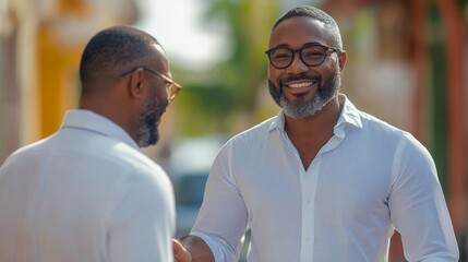 Two men shaking hands in a modern kitchen setting during the daytime while wearing white shirts
