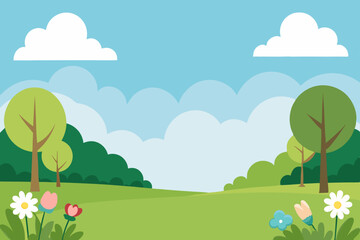 Blank meadow flower landscape scene with many trees