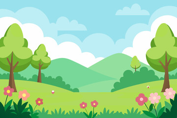 Blank meadow flower landscape scene with many trees