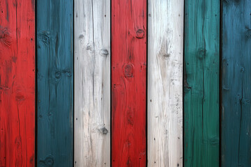 Colorful wooden planks in red, white, blue, and green arranged in a decorative pattern suitable for artistic backgrounds. Generative AI