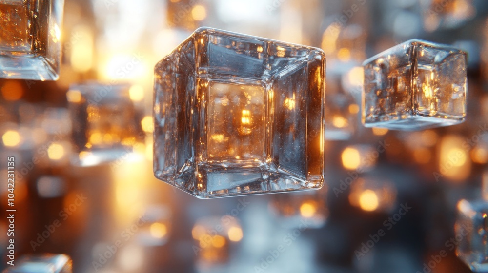 Poster floating glass cubes shimmer and reflect light in a captivating digital atmosphere, merging beauty a