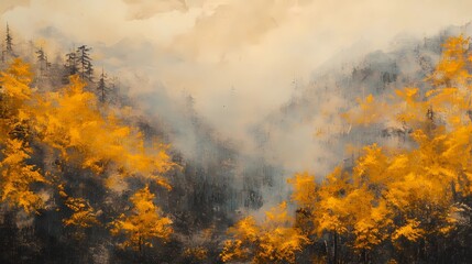 Foggy autumn mountains with vibrant fall colors, mist covering the peaks and trees, creating a peaceful and serene landscape for stock visuals.
Misty autumn mountain range with colorful fall foliage, 