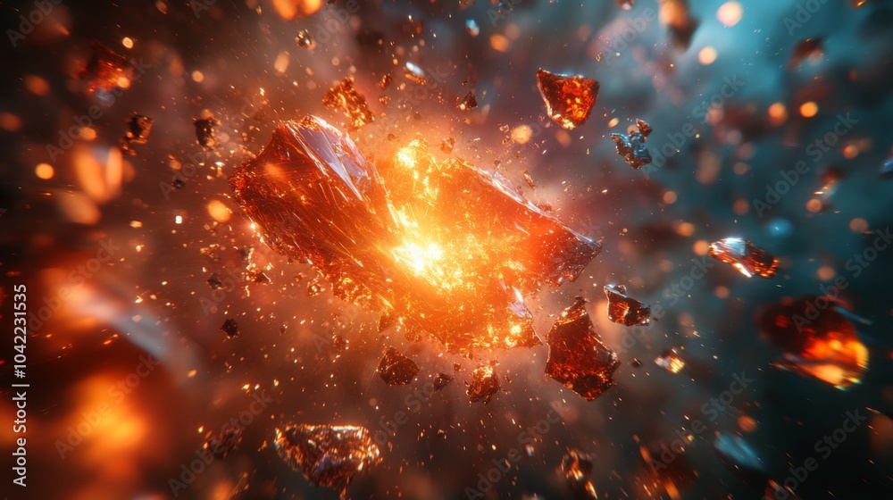 Poster Bright orange and red crystals explode with energy, surrounded by glowing particles within a dynamic cosmic environment, creating a stunning visual spectacle.