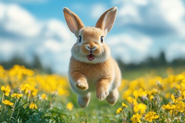 Fototapeta premium Cute Easter Bunny Jumping Over Grass with a Blue Sky and White Clouds in the Background, Meadow of Yellow Flowers, High-Resolution Photography 
