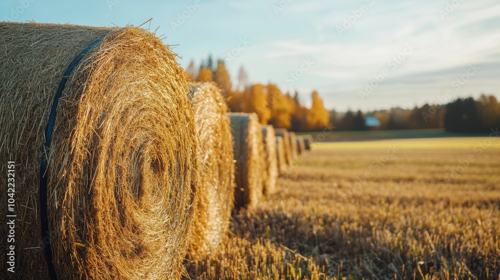 Poster stacks of harvested hay sit neatly in a vibrant fall setting, basking under the warm sunlight during