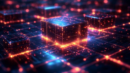 Obraz premium A vibrant digital landscape showcases glowing cubes amidst a sea of lights, evoking a sense of advanced technology and futuristic design. The interplay of colors and shapes captivates the viewer.