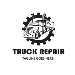 Naklejka premium monochrome icon of truck repair service with gear isolated on white background