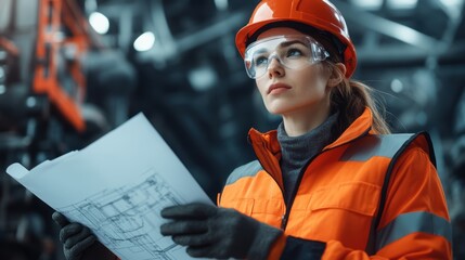 Female engineer inspecting with plans in industrial plant. Professional safety gear and modern machinery background.