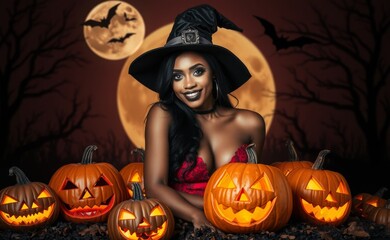 A dark-haired witch in a witch hat sits among glowing jack-o'-lanterns with a large full moon backdrop, embodying the mystique and allure of Halloween night.