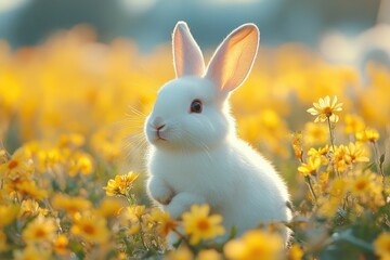 Fototapeta premium Cute Easter Bunny Hopping Across a Meadow with Yellow Flowers Against a Blue Sky Background, Spring Nature Concept 