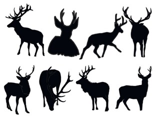 Deer silhouttes Illustration Set, Black and White Silhouettes. Collection of Different Deer Poses, Perfect for Logo, Design, and More.