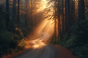 Naklejka premium A mist-covered forest road illuminated by beams of sunlight.