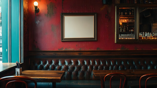 A blank picture frame hanging on the old textured wooden wall in a cosy old english or irish pub