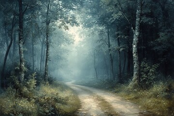 Obraz premium A mist-covered forest road illuminated by beams of sunlight.