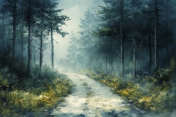 Obraz premium A mist-covered forest road illuminated by beams of sunlight.