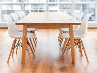 
Wooden table and chairs with large window front in modern living room in stylish apartment