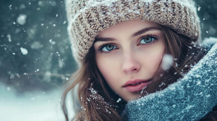 Close up portrait of a beautiful young women wearing a knit hat and scarf under snowfall looking at the camera, winter season